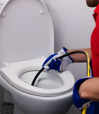 professional toilet snaking in annandale, va, featuring a technician in safety gloves using a heavy-duty yellow and black plumbing auger snake to clear a stubborn bathroom blockage.