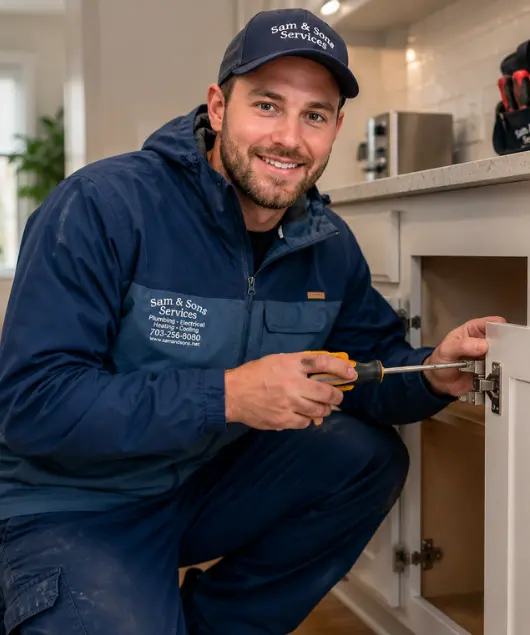 local handyman in centreville va repairing kitchen cabinet hardware inside a residential home
