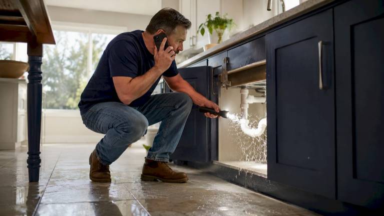 what is a plumbing emergency? a homeowner's guide 10 homeowner inspecting burst pipe leak in basement