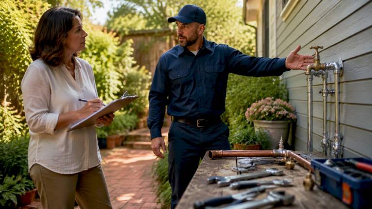 how to choose a plumbing company in arlington, va 5 homeowner inspecting plumber assessing kitchen plumbing