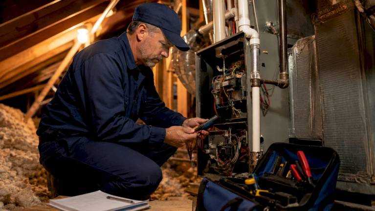 what is an hvac emergency repair? a 2026 guide 3 technician inspecting furnace for emergency repair
