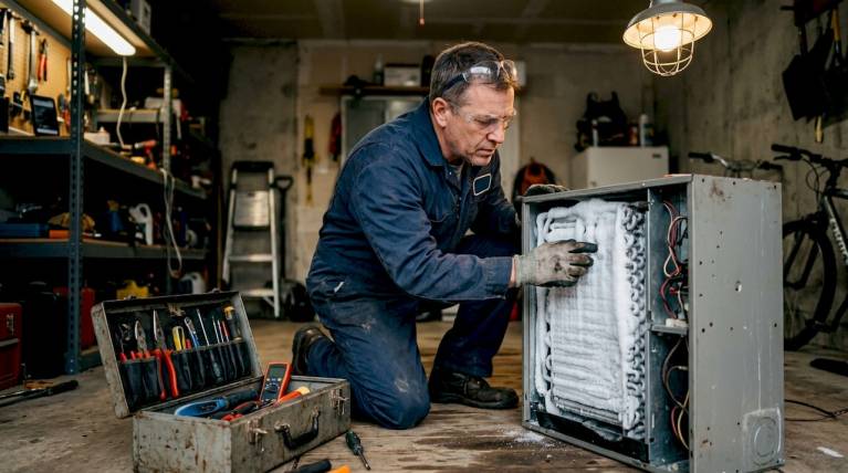 why hvac systems freeze up: causes and fixes 3 technician inspecting frozen hvac evaporator coil