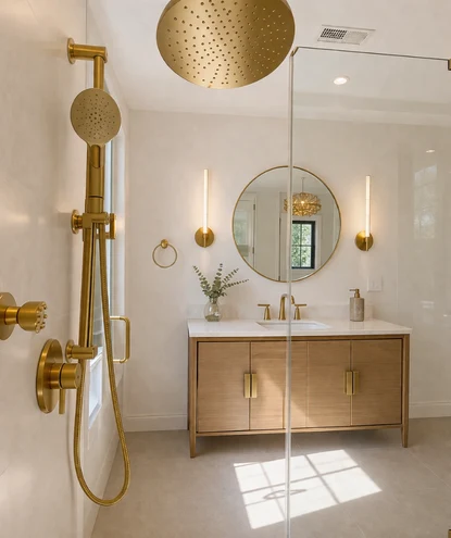 bathroom remodeling in ashburn va 2 modern walk-in shower detail from premium bathroom renovations in ashburn, va, displaying a brushed gold ceiling rain shower head, a handheld sprayer attachment, and a custom wood-grain single-sink vanity.